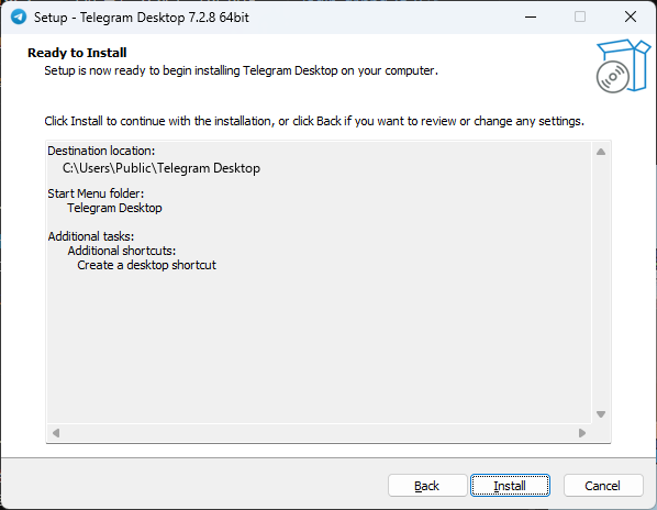 Telegram Desktop setup showing the Ready to Install summary and the Install button