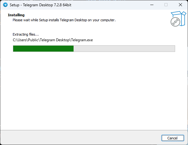 Telegram Desktop setup extracting files with a green progress bar