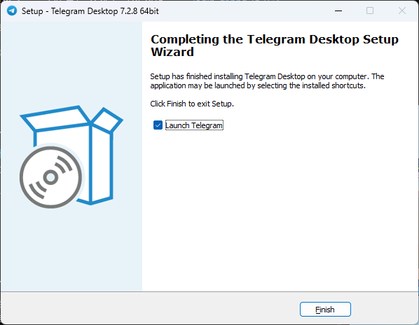 Telegram Desktop setup complete screen with Launch Telegram ticked and a Finish button
