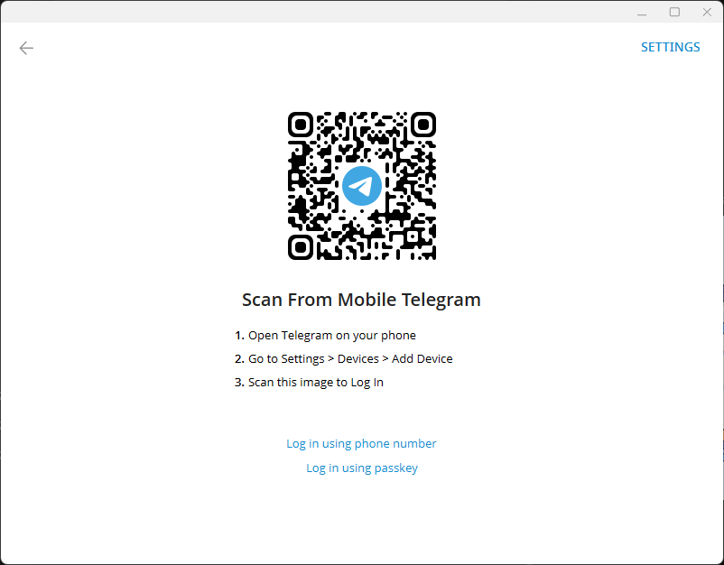 Telegram Desktop QR login screen with the instruction to scan from the mobile app