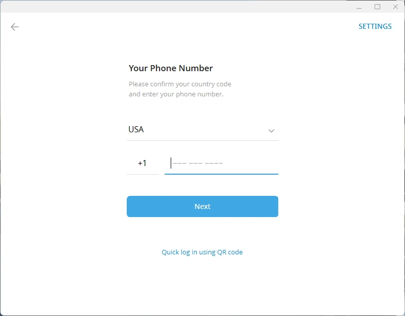 Telegram Desktop phone number login screen with a country selector and a Next button