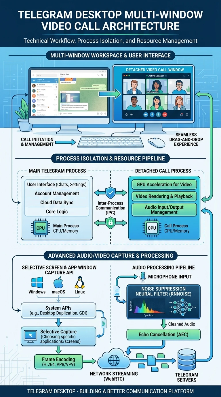 Telegram Desktop Multi-Window Video Call Architecture Infographic