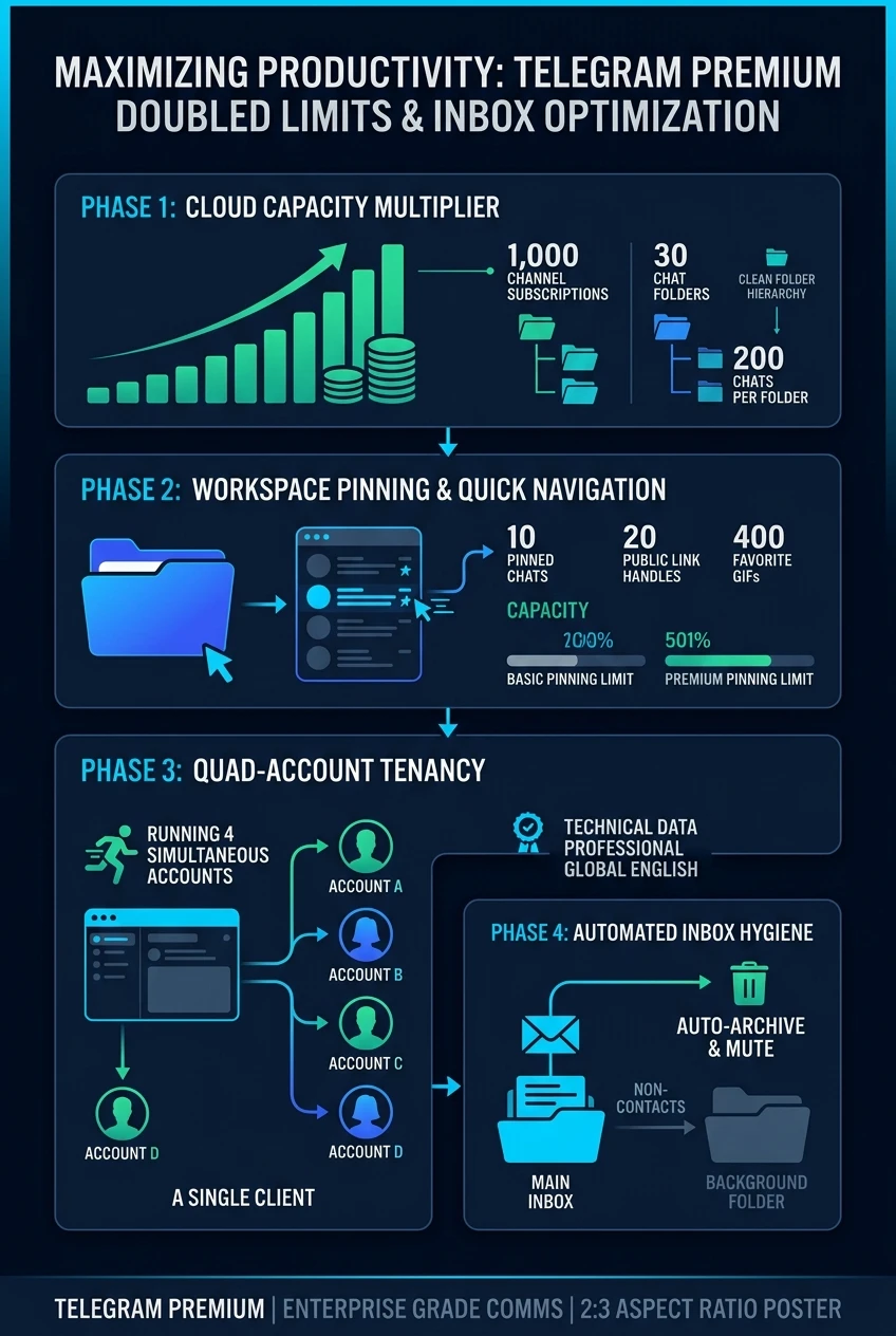 Telegram Premium Doubled Limits and Inbox Optimization Infographic