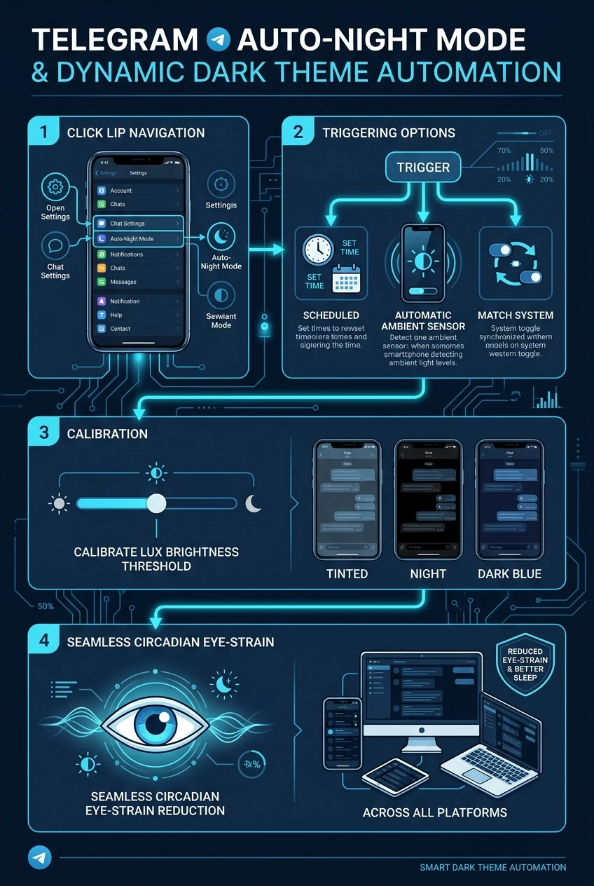Telegram Auto-Night Mode and Dynamic Dark Theme Infographic Poster