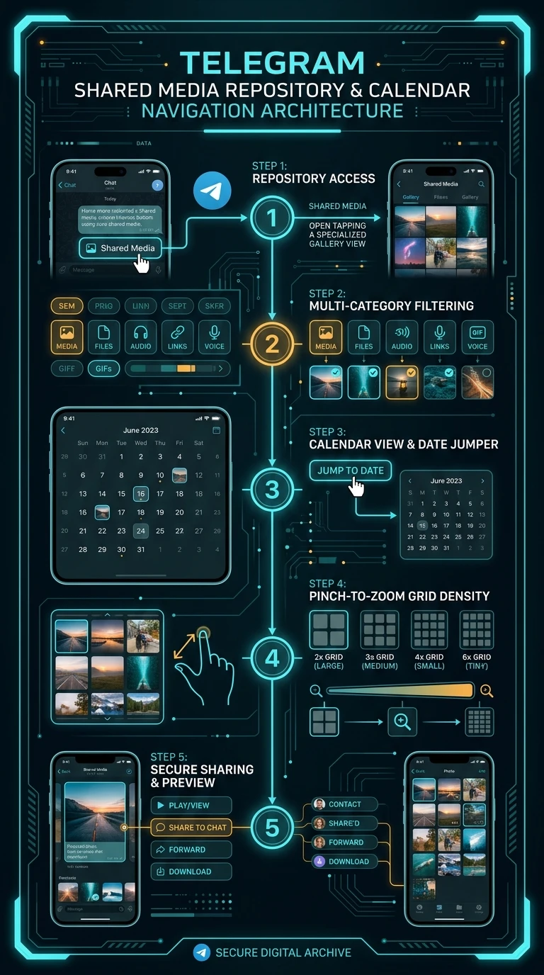 Telegram Shared Media & Calendar Navigation Infographic