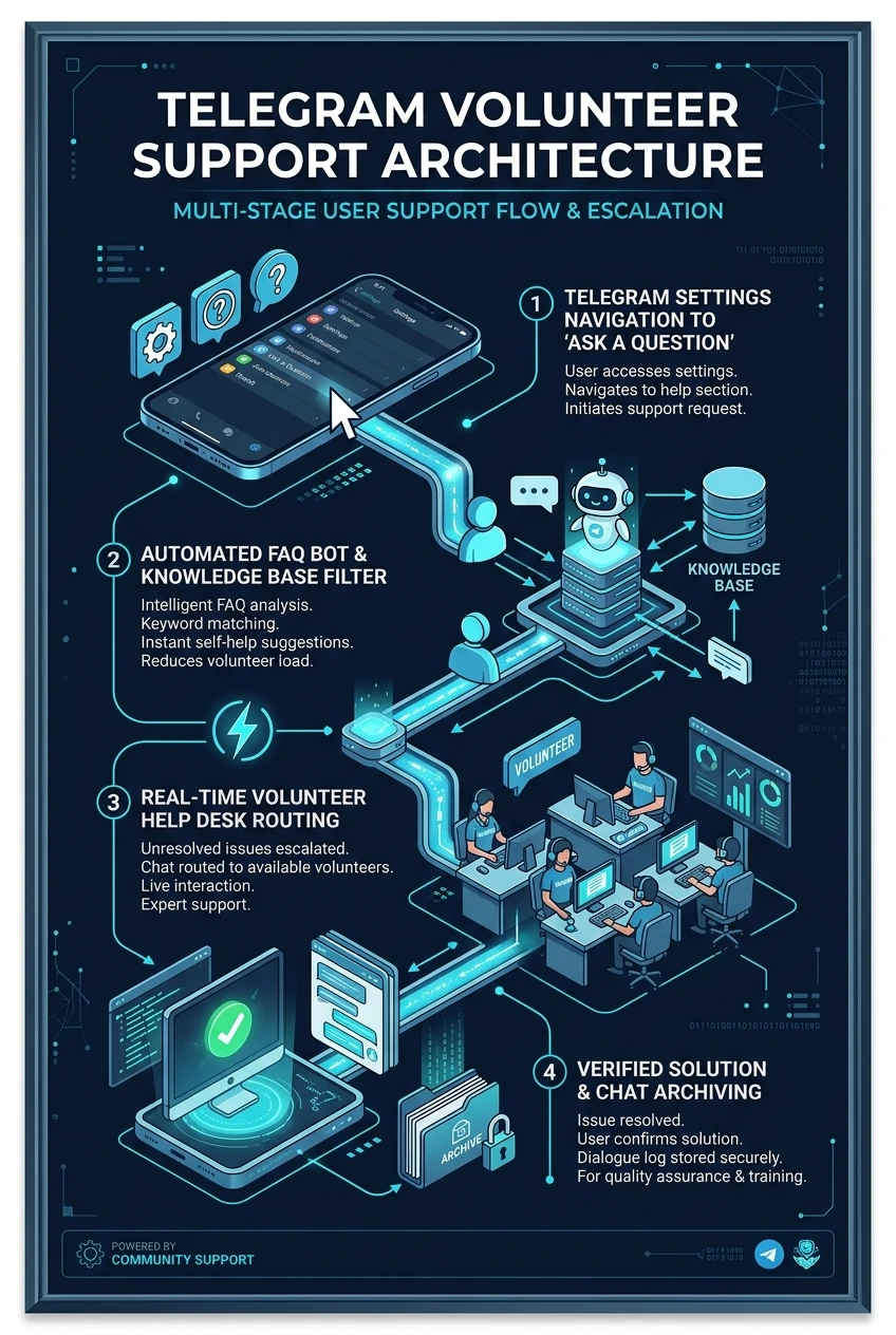 Telegram Volunteer Support Architecture Flowchart Poster