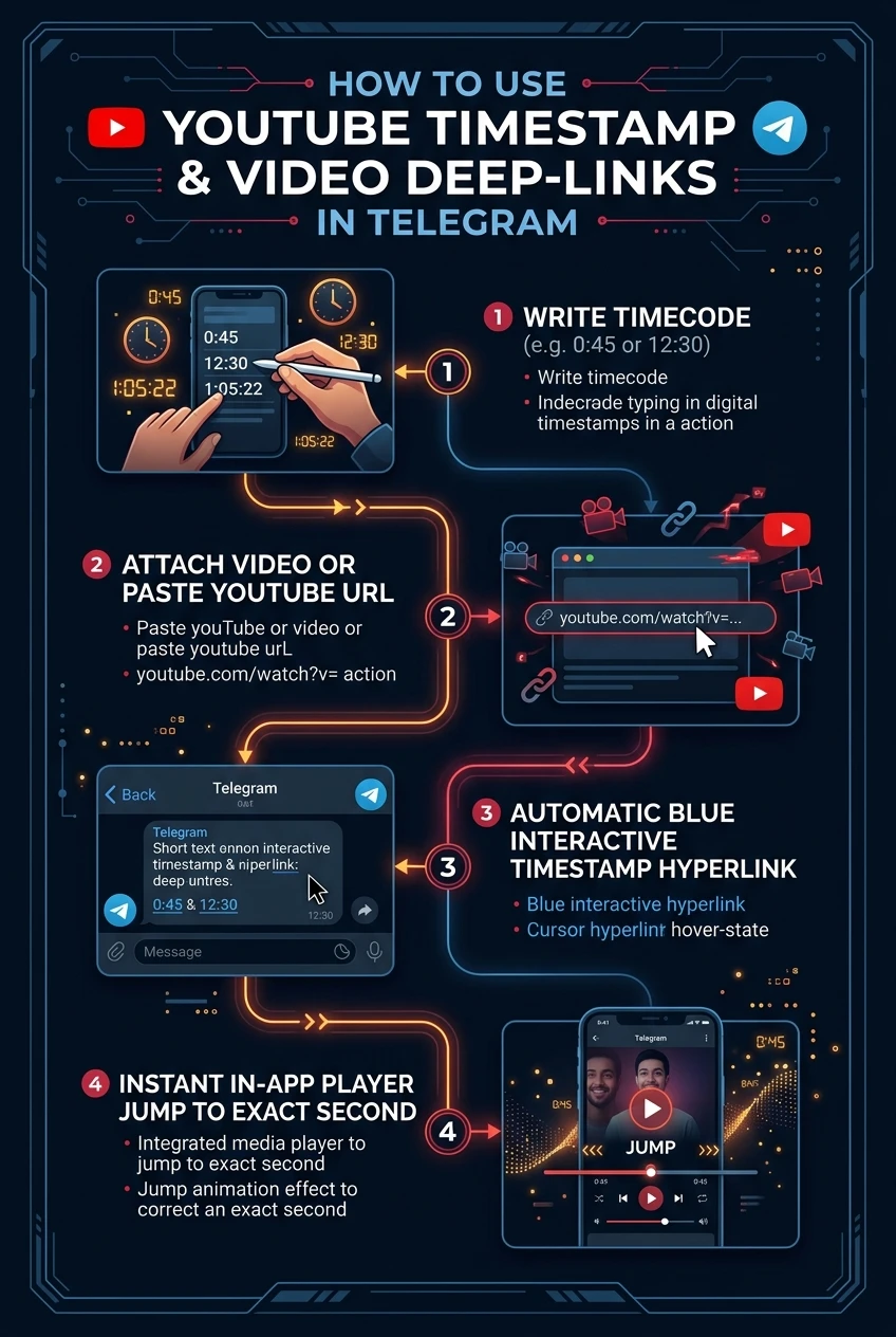 How to Use YouTube Timestamps & Video Deep-Links in Telegram Infographic