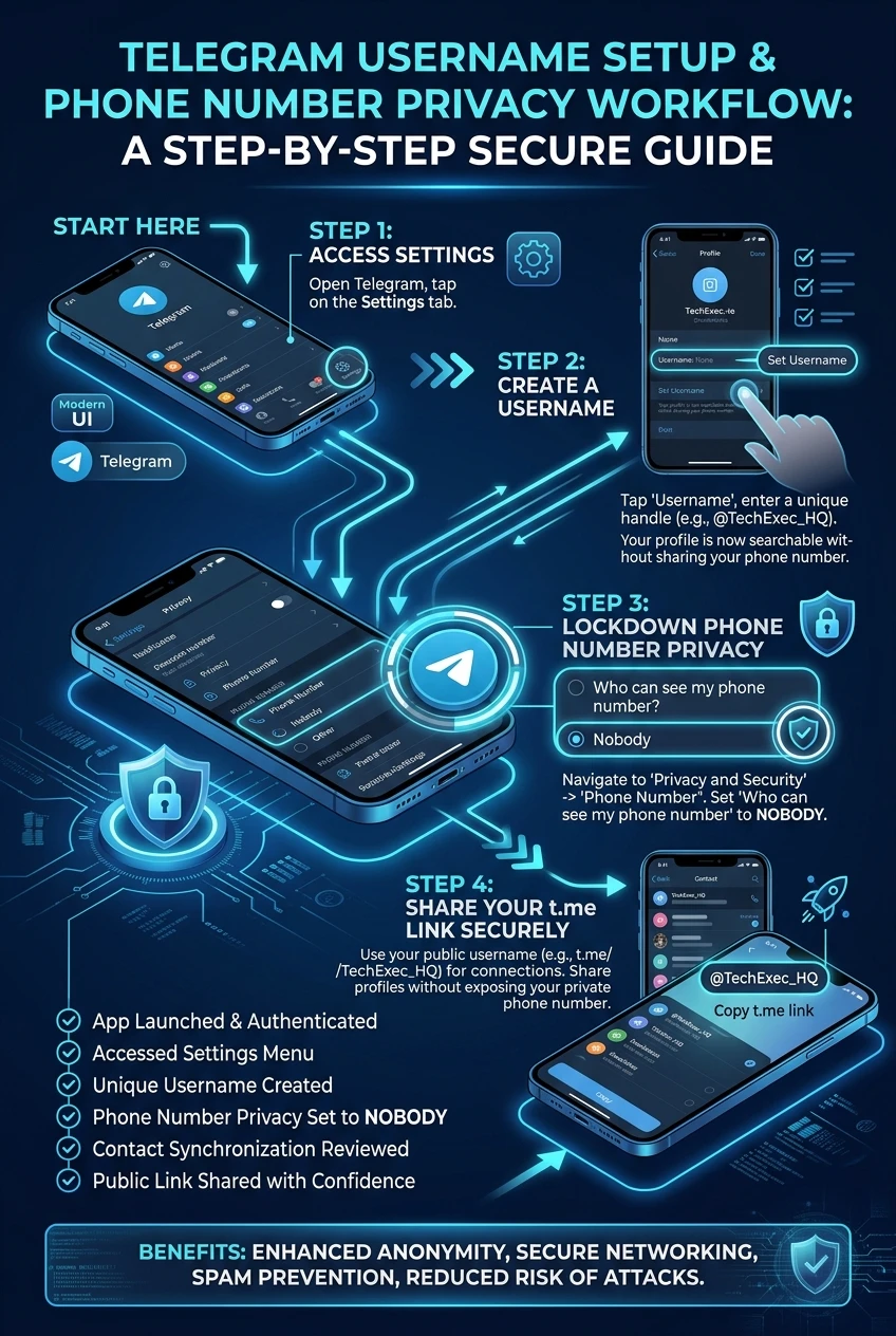 Telegram Username Setup & Phone Privacy Infographic Flowchart