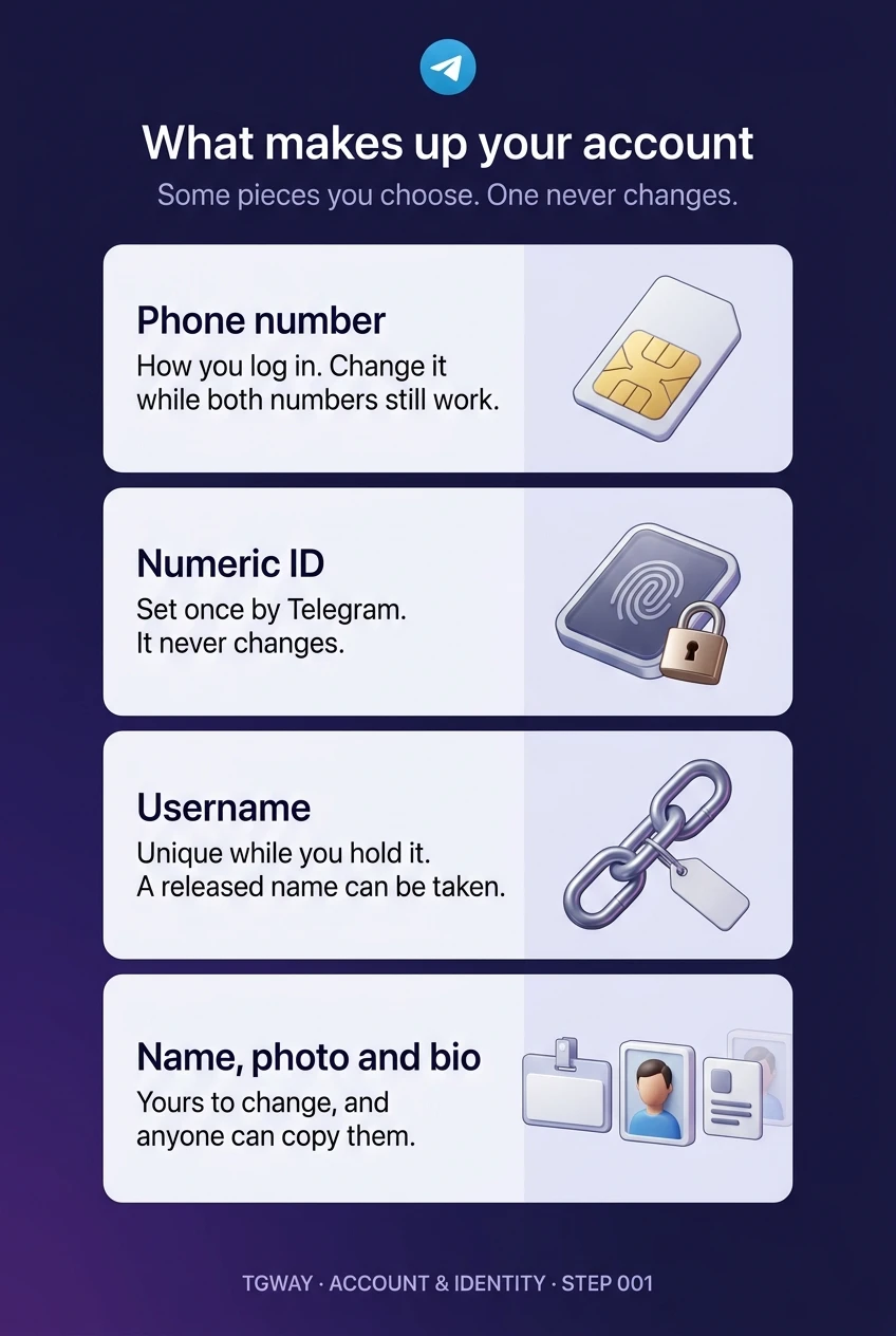 Infographic of what makes up a Telegram account: phone number, a numeric ID that never changes, a username that is unique while you hold it, and a name, photo and bio that anyone can copy