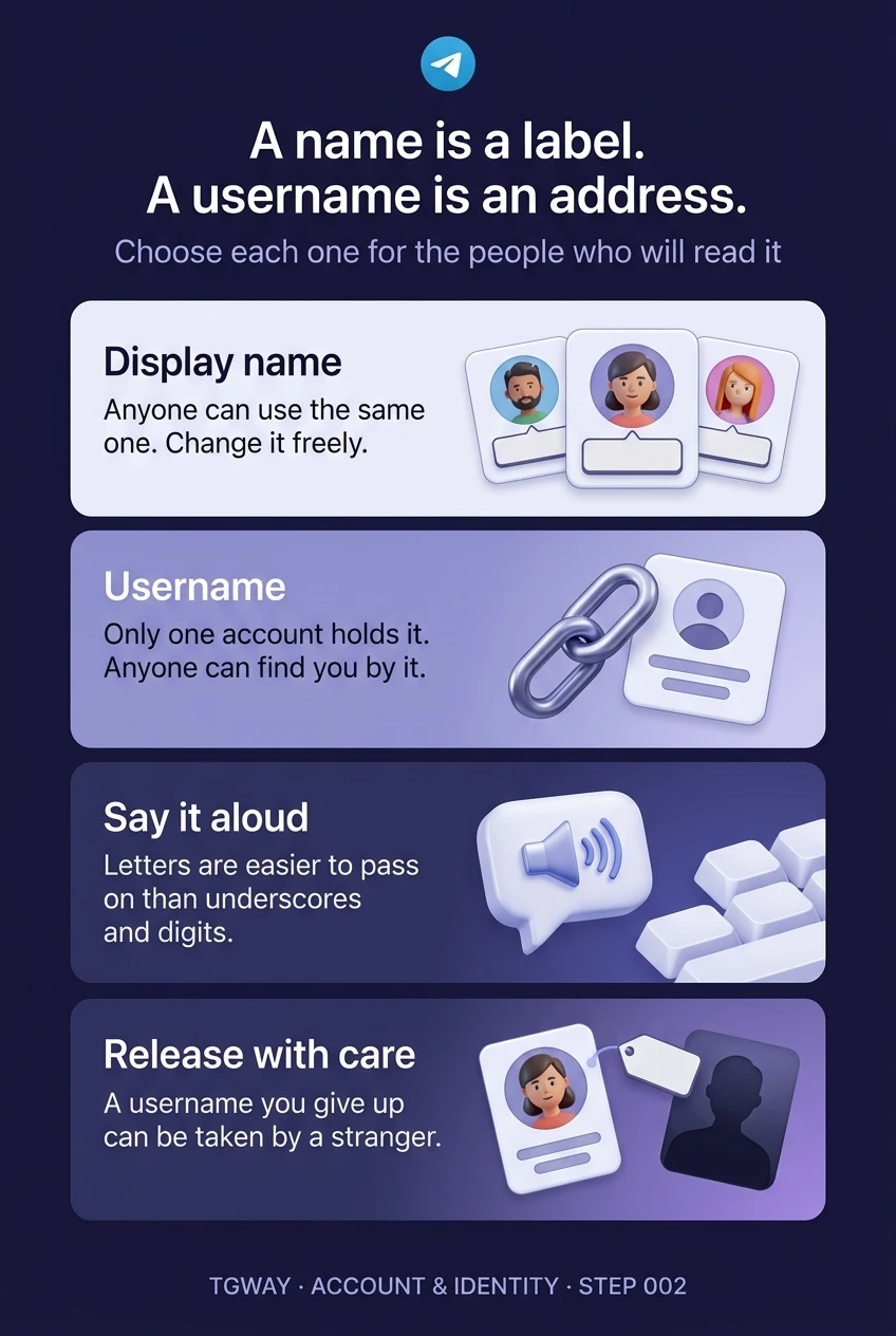 Infographic: a display name is a label anyone can share and change; a username is held by one account and lets anyone find you; letters are easier to pass on than underscores and digits; a username you give up can be taken by a stranger