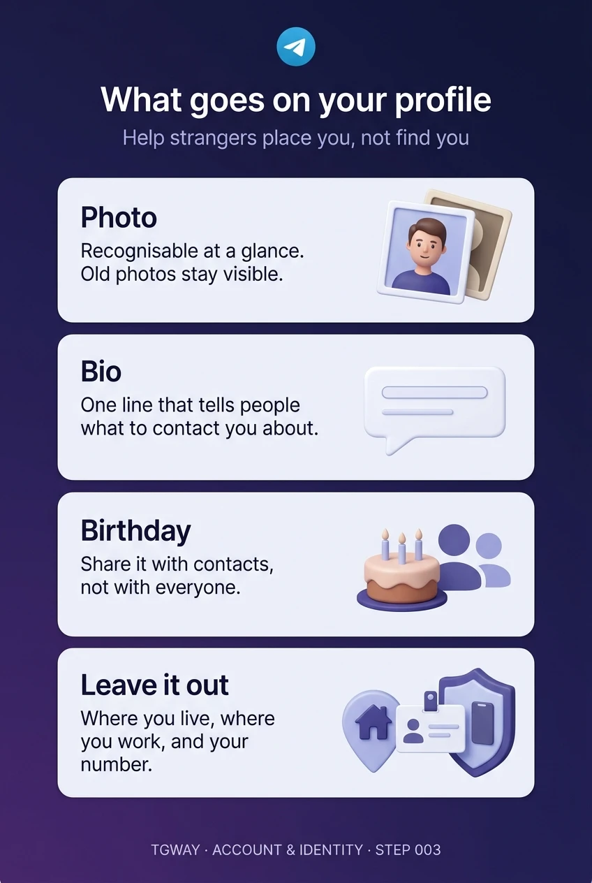 Infographic: a profile photo recognisable at a glance, with old photos still visible; a one-line bio that says what to contact you about; a birthday shared with contacts, not everyone; and leaving out where you live, where you work and your number