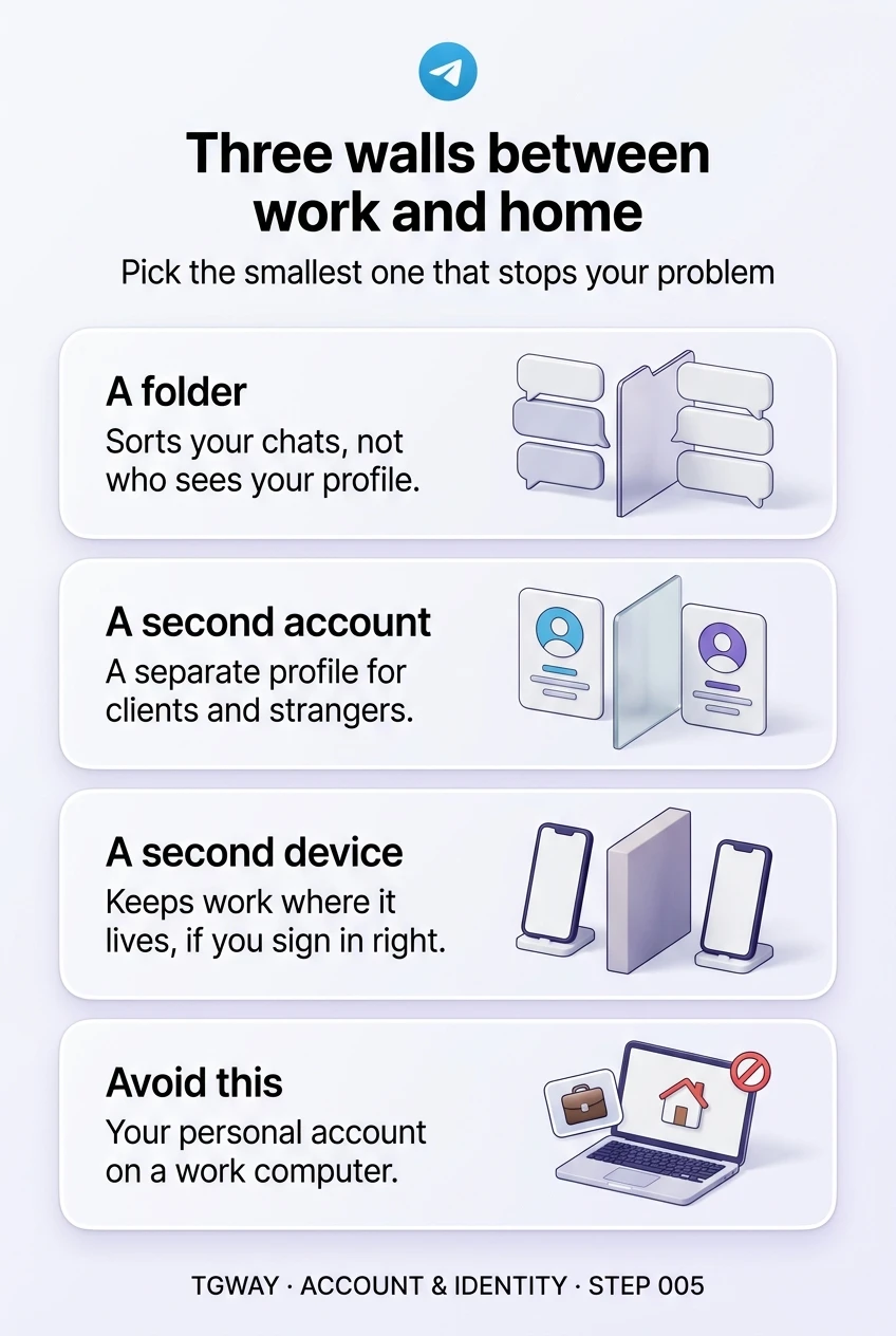 Infographic: a folder sorts your chats but not who sees your profile; a second account gives clients and strangers a separate profile; a second device keeps work where it lives if you sign in right; avoid signing your personal account in on a work computer