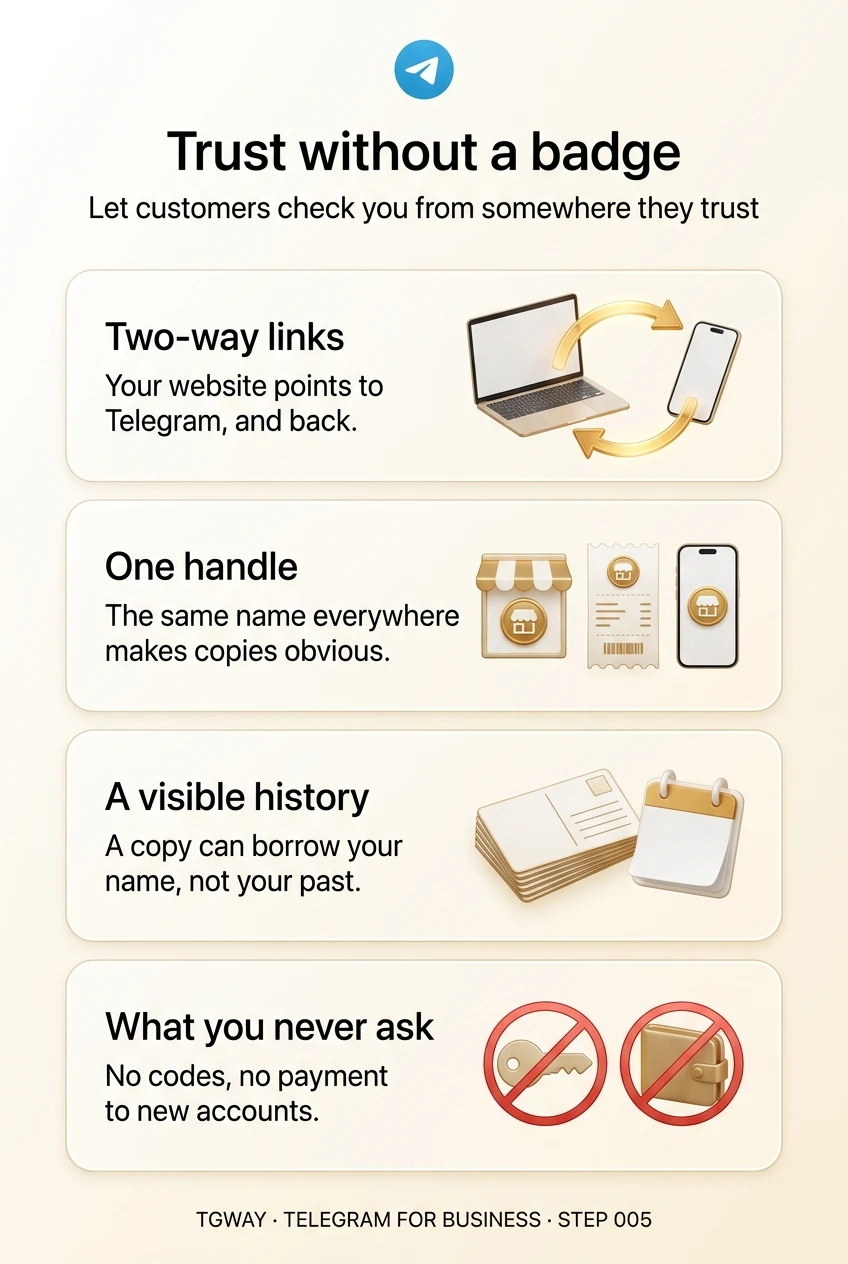 Infographic: your website points to Telegram and back; the same handle everywhere makes copies obvious; a copy can borrow your name but not your past; your business never asks for codes or payment to new accounts