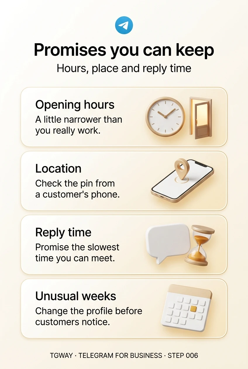 Infographic: set opening hours a little narrower than you really work; check the map pin from a customer's phone; promise the slowest reply time you can meet; change the profile before customers notice an unusual week