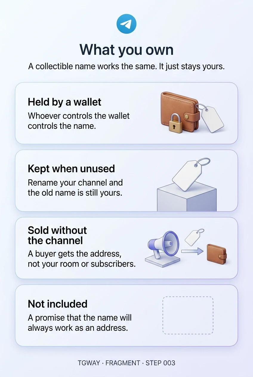 Infographic: a collectible name is held by a wallet and whoever controls the wallet controls the name; it is kept when unused; a sale transfers the address, not the channel or subscribers; a promise that the name will always work as an address is not included