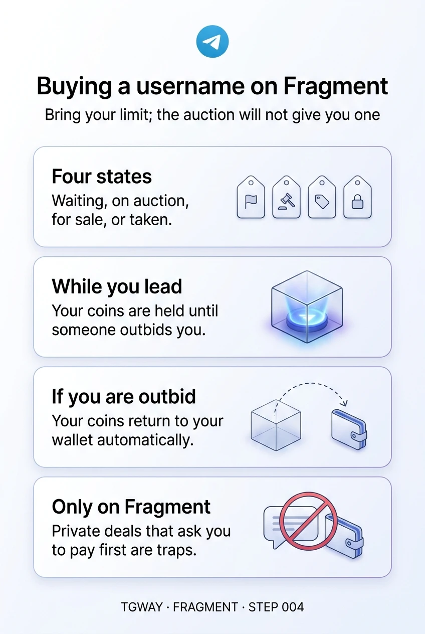 Infographic: a username on Fragment is waiting, on auction, for sale or taken; while you lead your coins are held; if you are outbid they return to your wallet automatically; private deals that ask you to pay first are traps