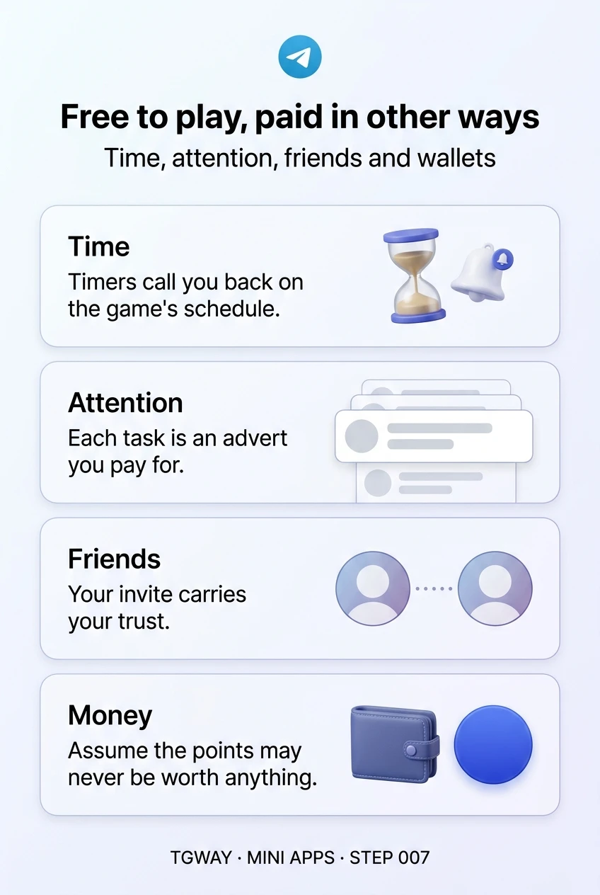 Infographic: timers call you back on the game's schedule; each task is an advert you pay for with attention; your invite carries your trust; before paying, assume the points may never be worth anything