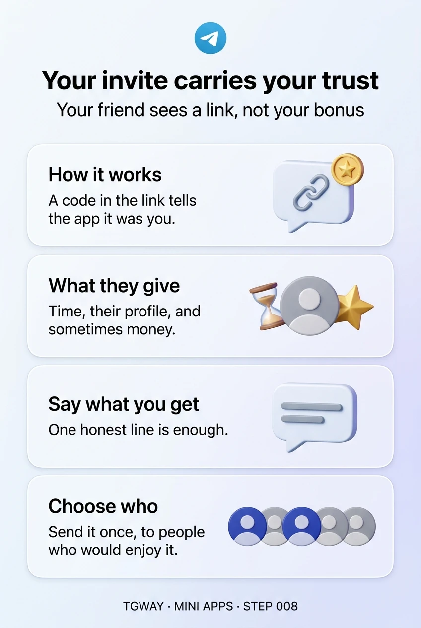Infographic: a code in the link tells the app it was you; your friend gives time, their profile and sometimes money; say what you get in one honest line; send it once, to people who would enjoy it