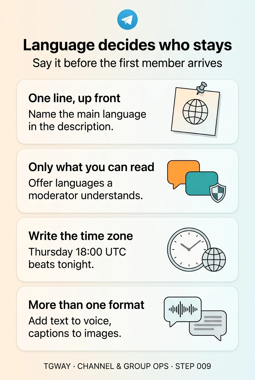 Infographic: name the main language in the description; offer only languages a moderator understands; write the time zone, because Thursday 18:00 UTC beats tonight; add text to voice messages and captions to images