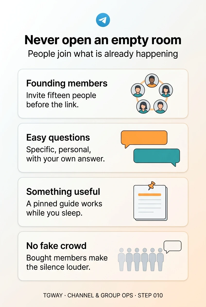 Infographic: invite fifteen founding members before posting the link; ask easy questions that are specific, personal and come with your own answer; pin something useful that works while you sleep; no fake crowd, because bought members make the silence louder