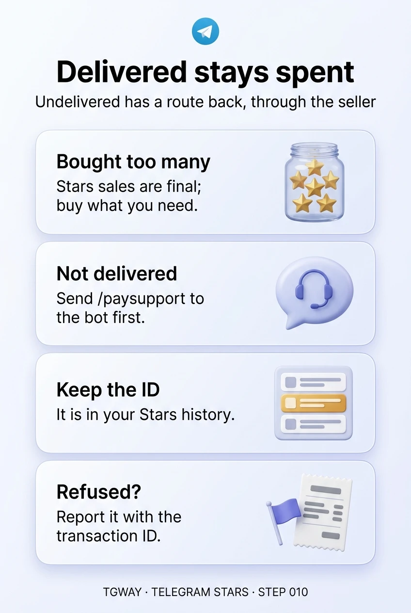 Infographic: Stars sales are final, so buy what you need; if something was not delivered, send /paysupport to the bot first; keep the transaction ID from your Stars history; if the developer refuses, report it with that ID