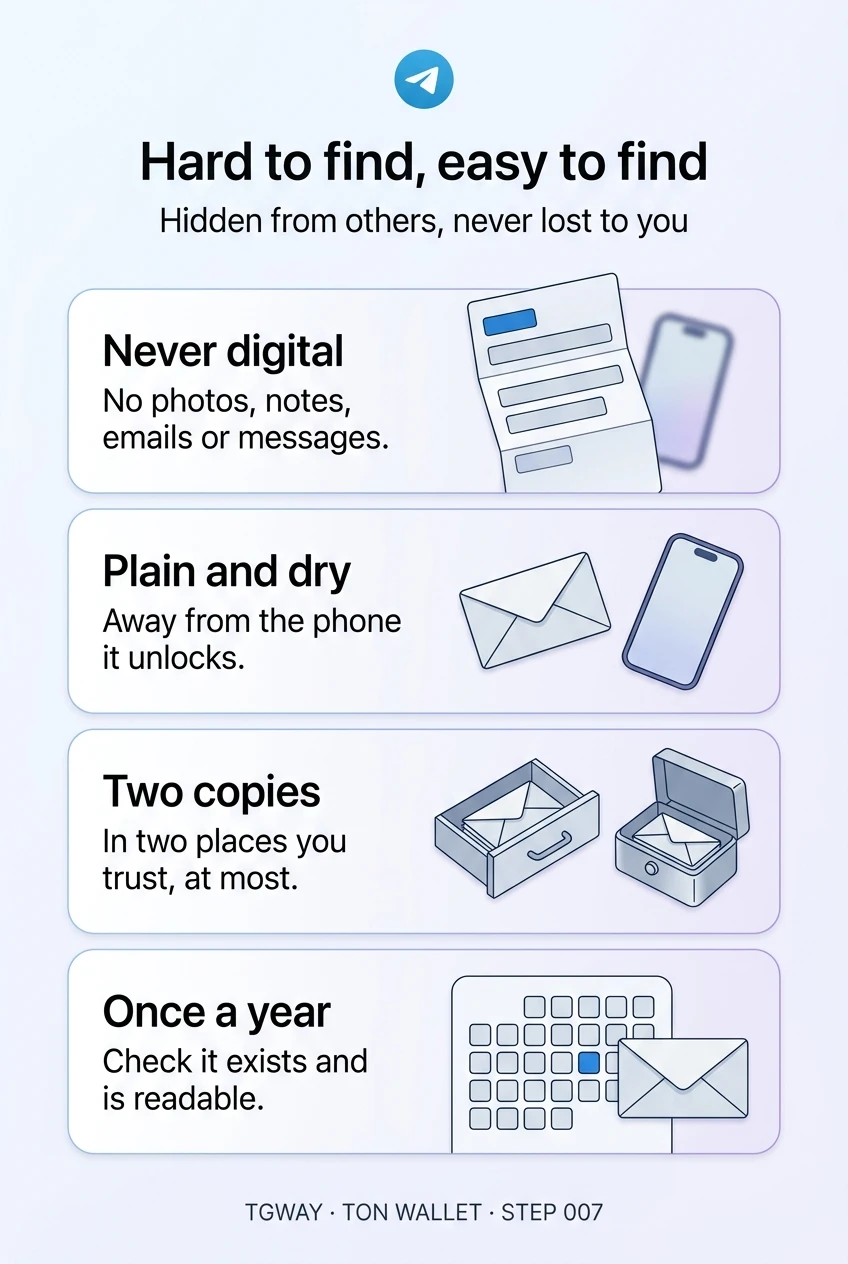 Infographic: never store the phrase digitally in photos, notes, emails or messages; keep the paper plain, dry and away from the phone it unlocks; keep two copies at most, in two places you trust; once a year, check it exists and is readable