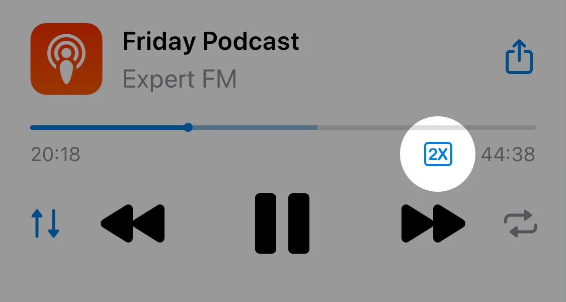 Screenshot showing the location of the 2x playback button for long audio files.